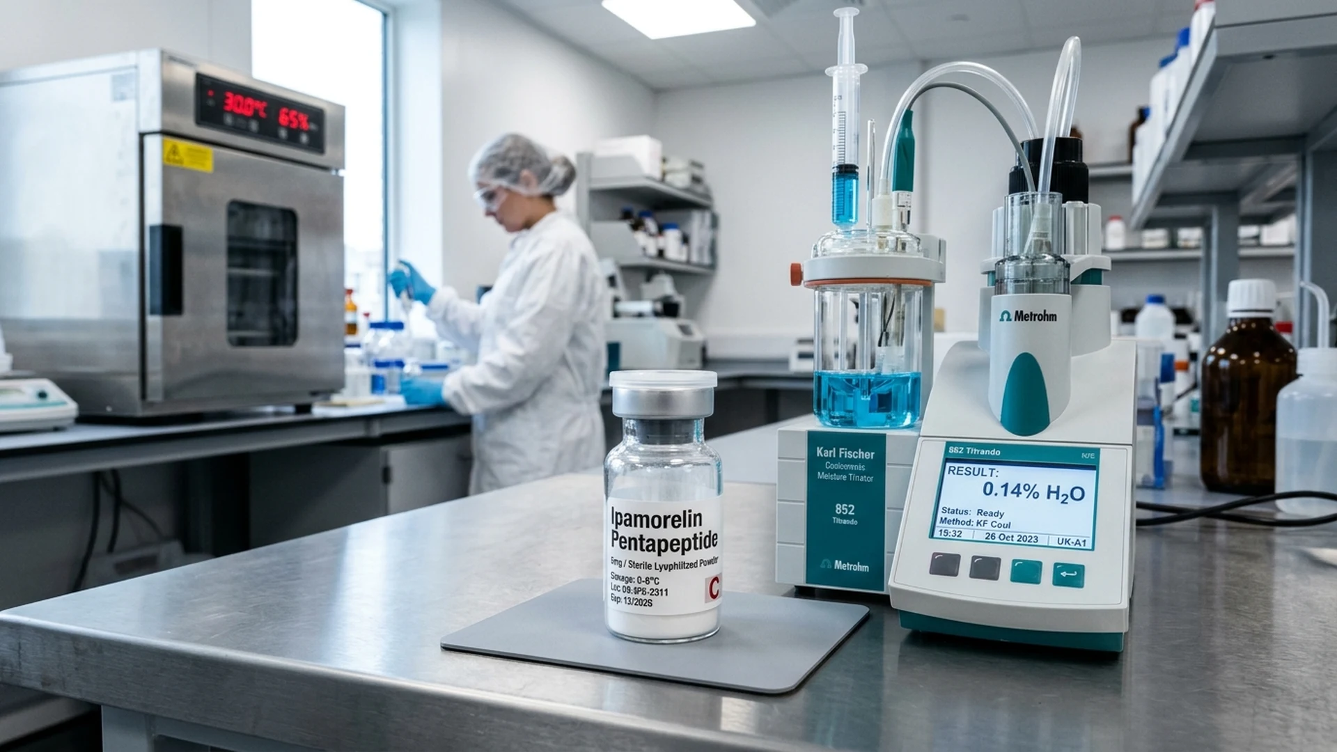 ipamorelin peptide moisture content stability testing analytical reference monograph laboratory testing